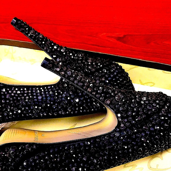 Enzo sparkly embellished Black evening 🍾Platform peep toe pumps - Picture 2 of 5